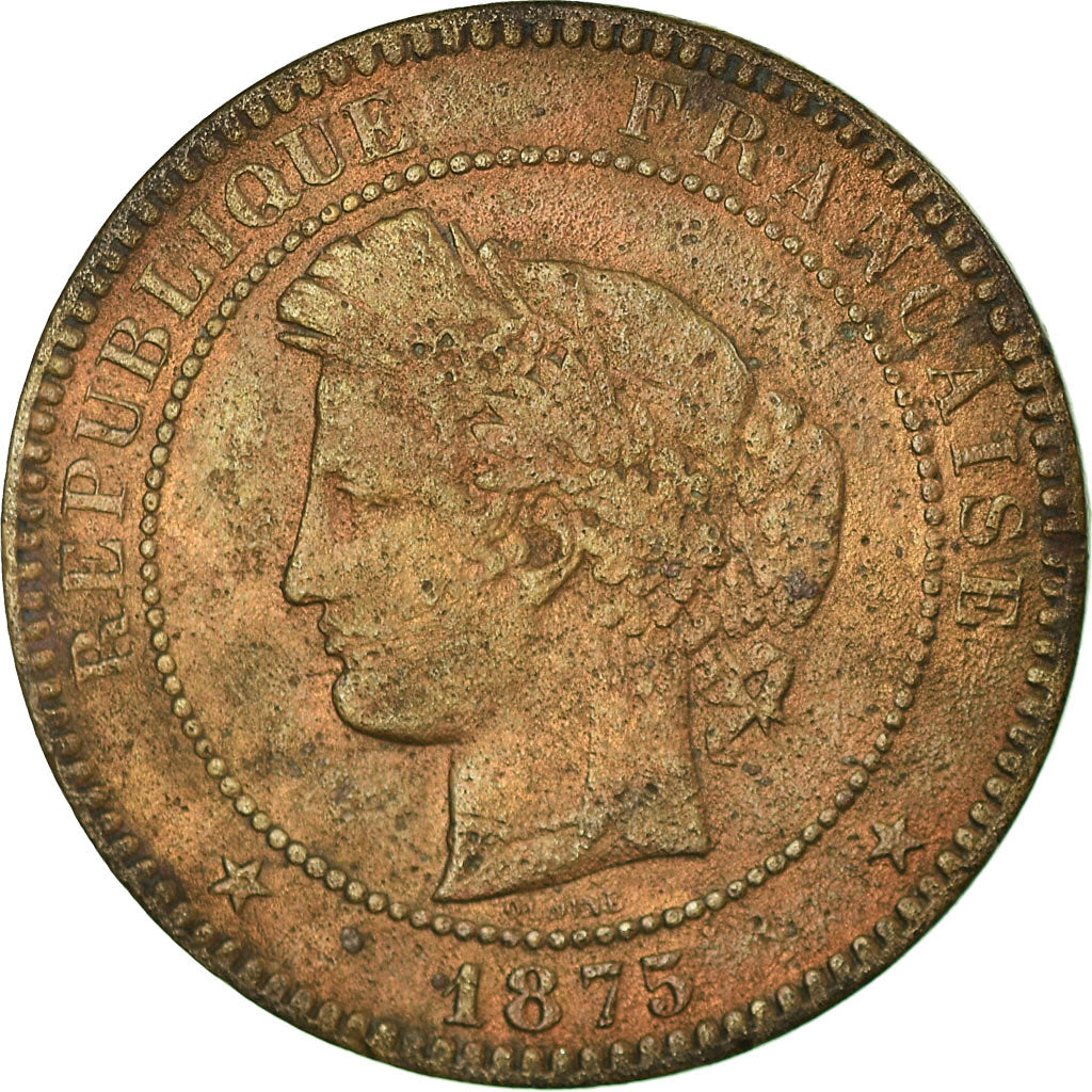 Moeda, França, Cérès, 10 Centimes, 1875, Paris, VF(20-25), Bronze, KM:815.1