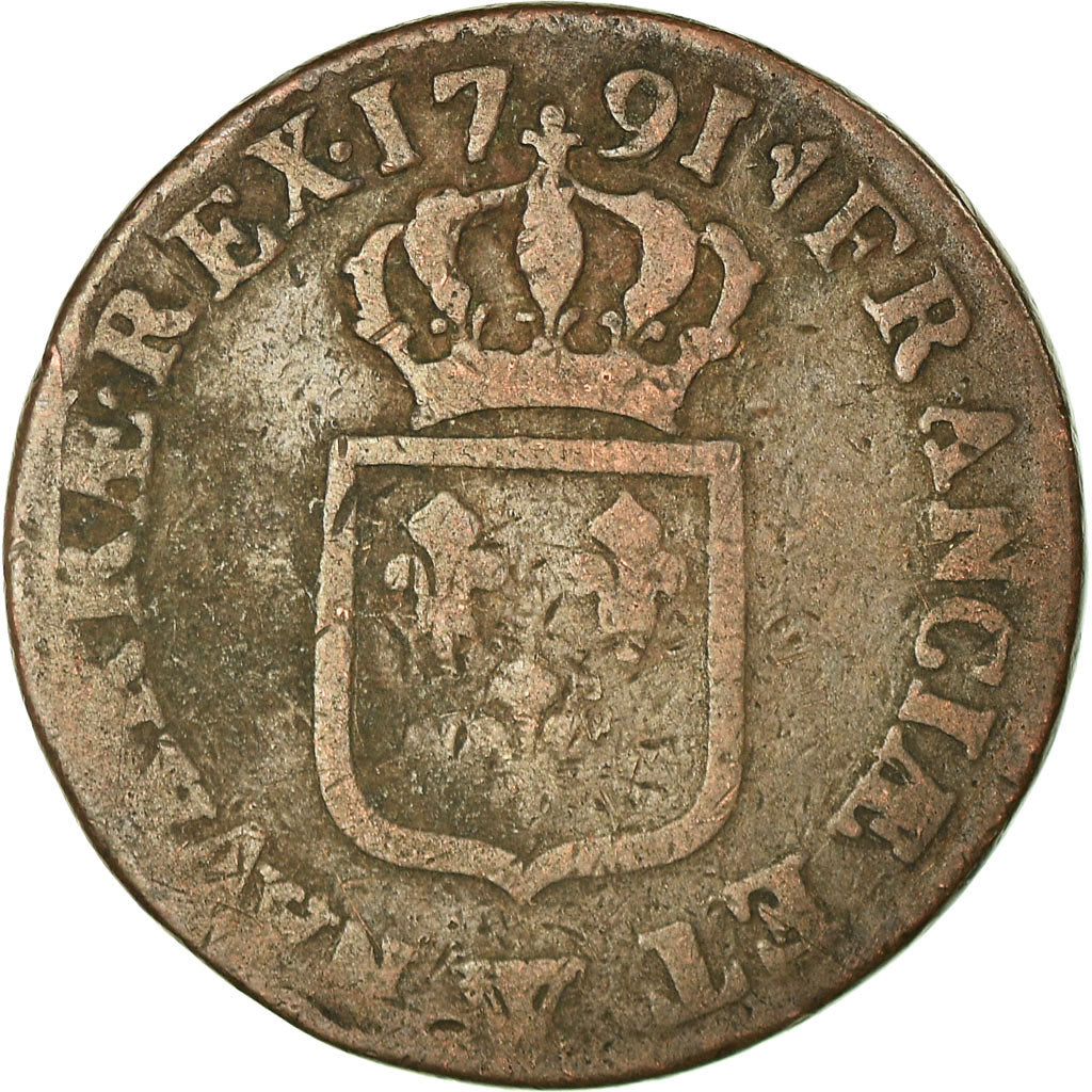 Coin, France, Louis XVI, Sol ou sou, Sol, 1791, Lille, VF(20-25), Copper