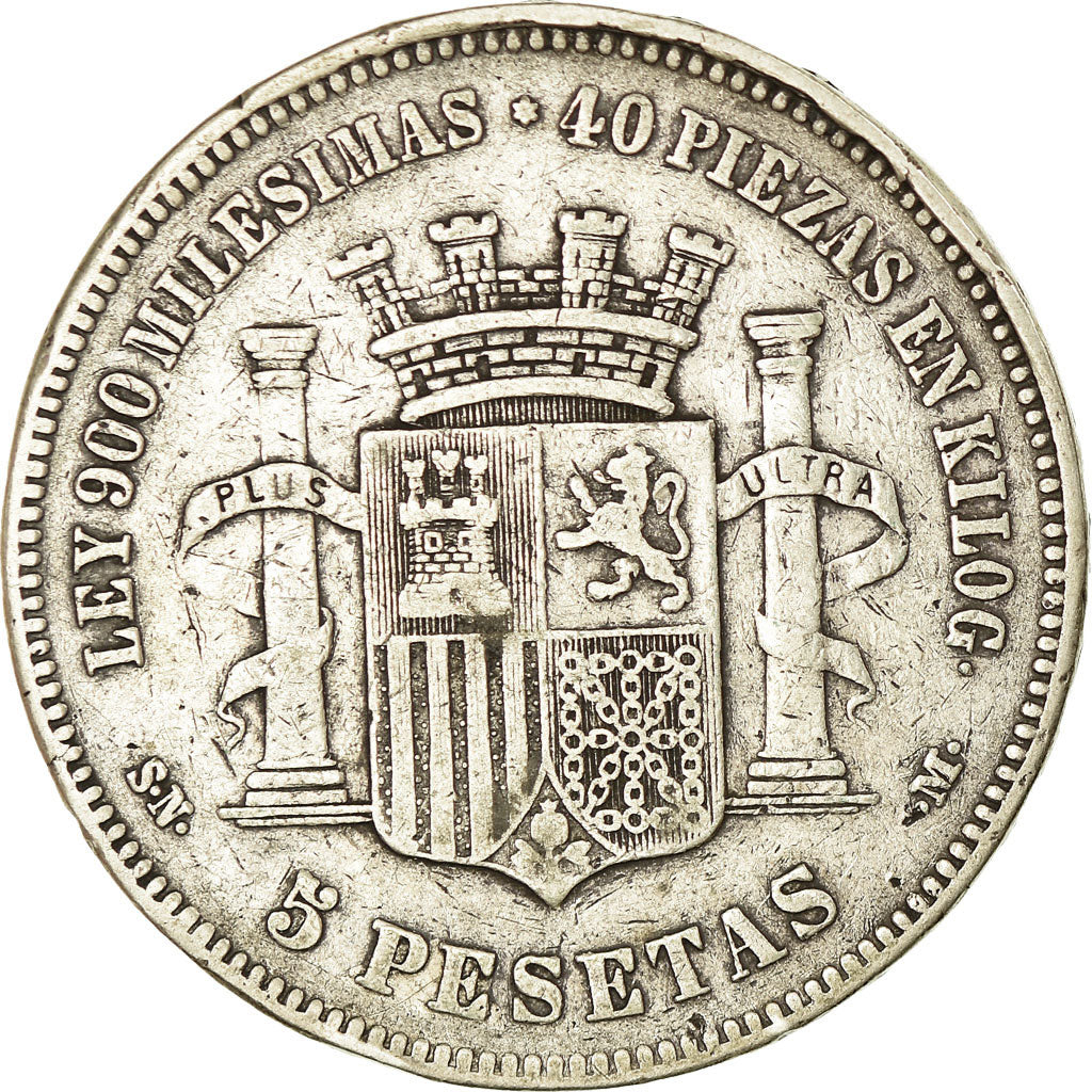 Moneda, España, Provisional Government, 5 Pesetas, 1870, Madrid, BC+, Plata
