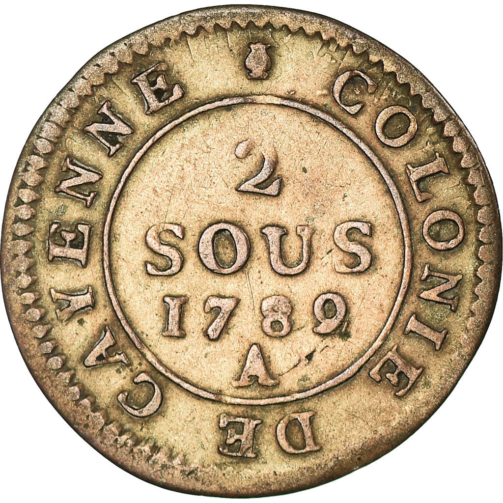 Moneta, GUJANA FRANCUSKA, 2 Sous, 1789, Paris, EF(40-45), Bilon, KM:1