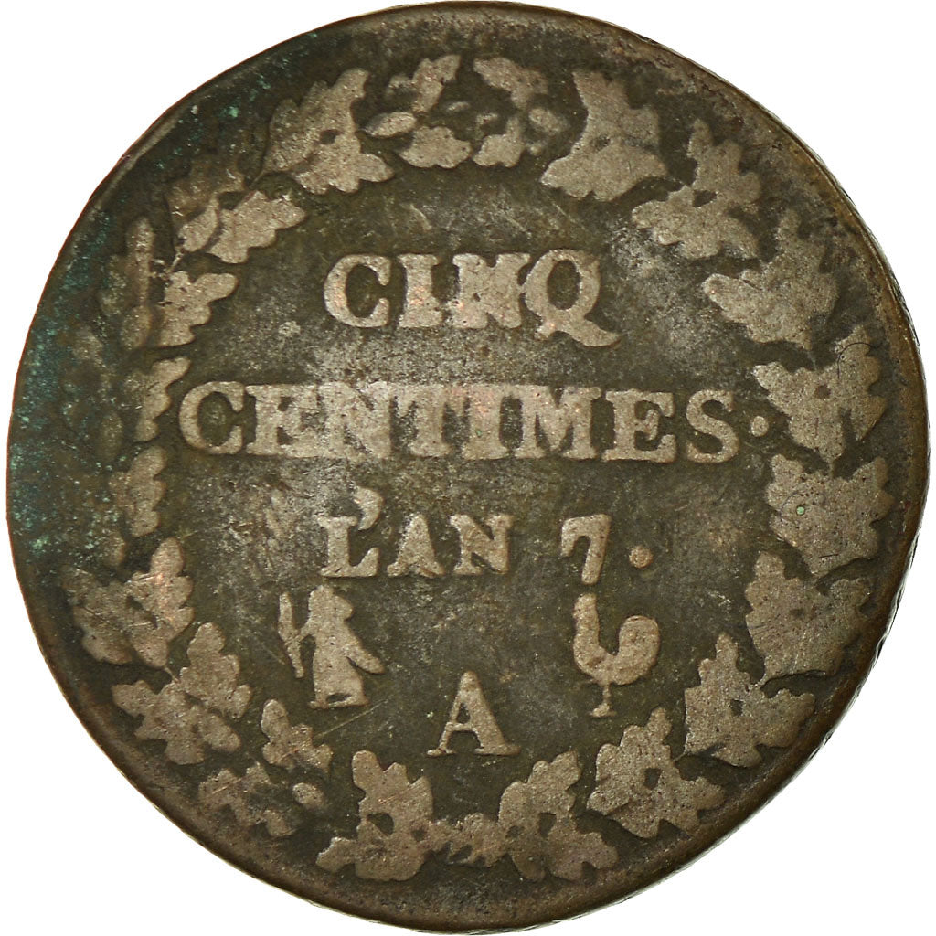 Moneta, Francia, Dupré, 5 Centimes, 1798, Paris, MB, Bronzo, KM:640.1