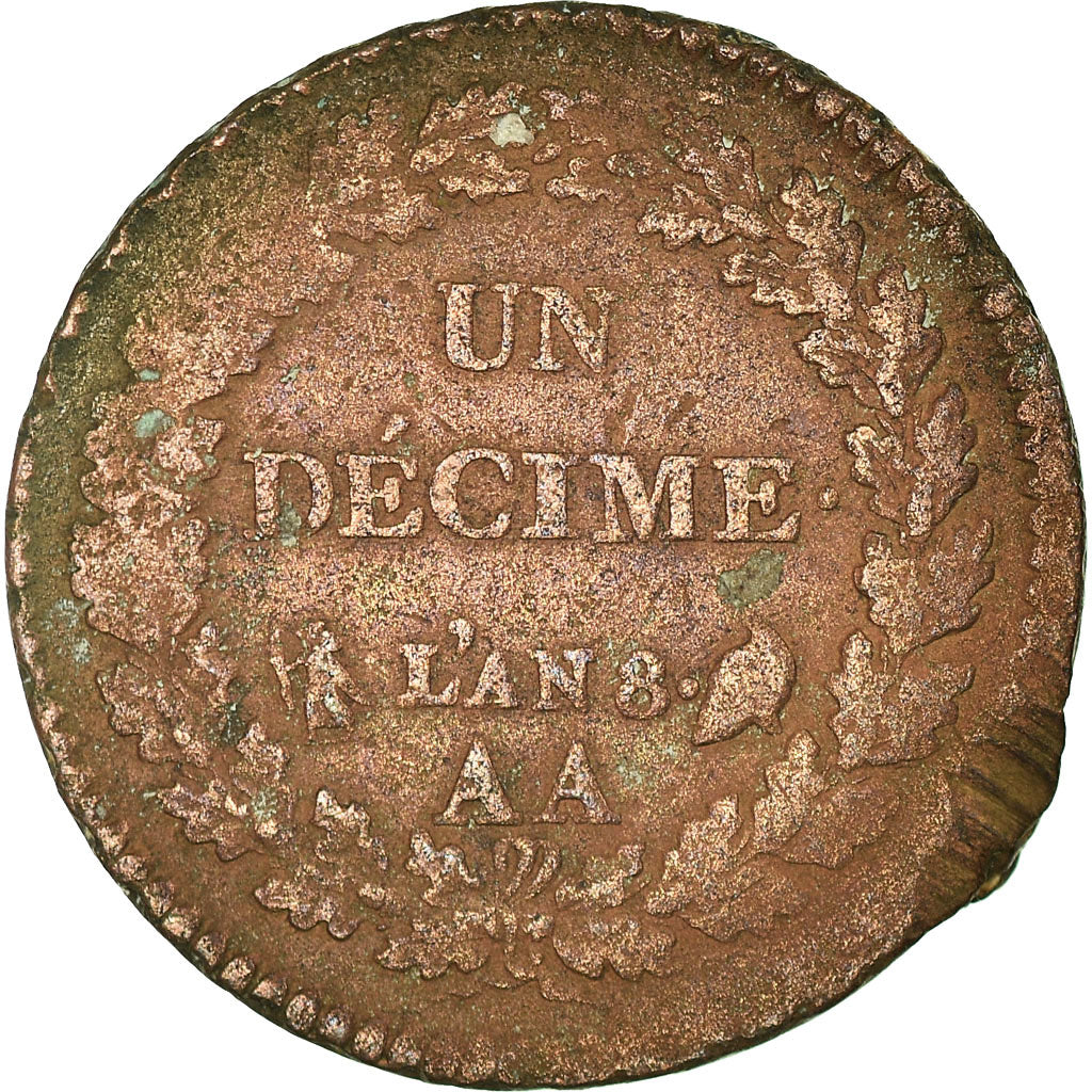 Moneda, Francia, Dupré, Decime, 1799, Metz, BC+, Bronce, KM:644.2, Gadoury:187a