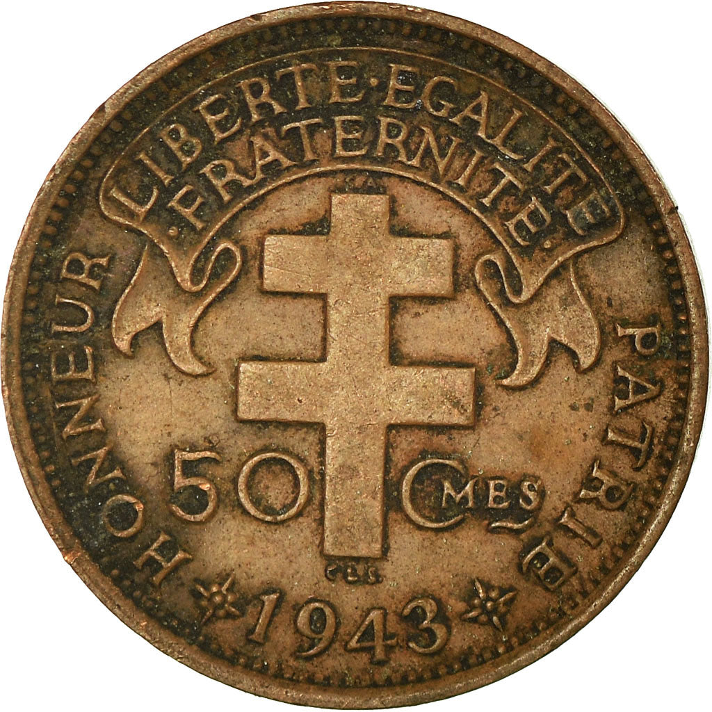 Coin, French Equatorial Africa, 50 Centimes, 1943, Pretoria, EF(40-45), Bronze