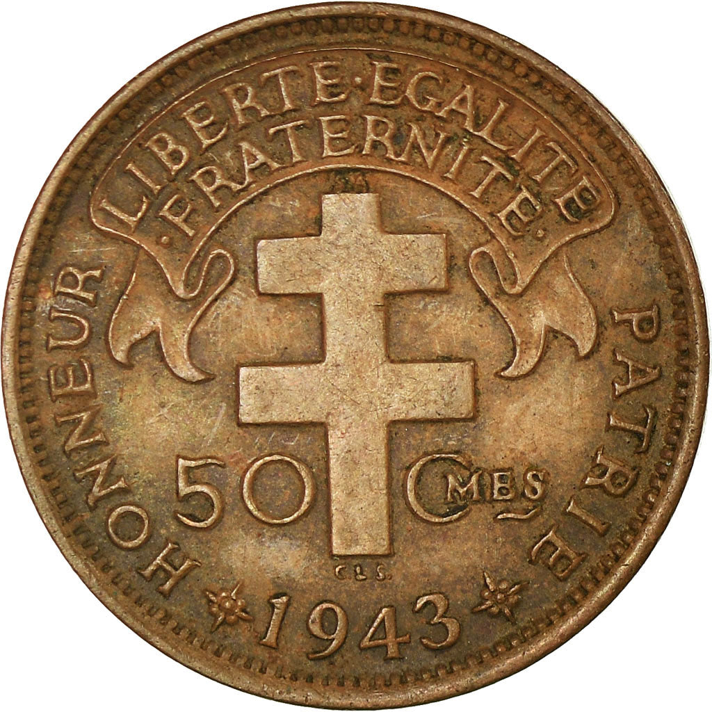 Moneta, Africa equatoriale francese, 50 Centimes, 1943, Pretoria, BB+, Bronzo