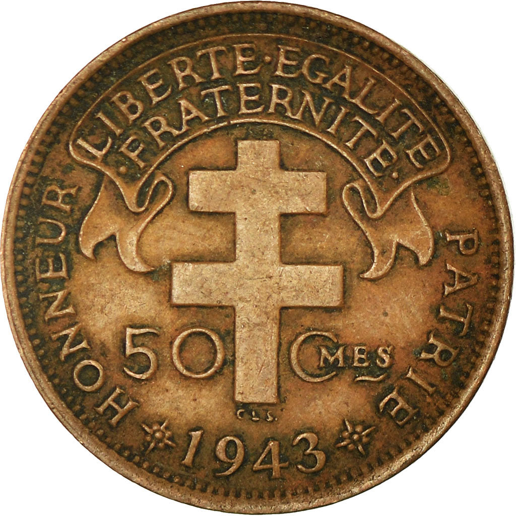 Coin, French Equatorial Africa, 50 Centimes, 1943, Pretoria, AU(50-53), Bronze