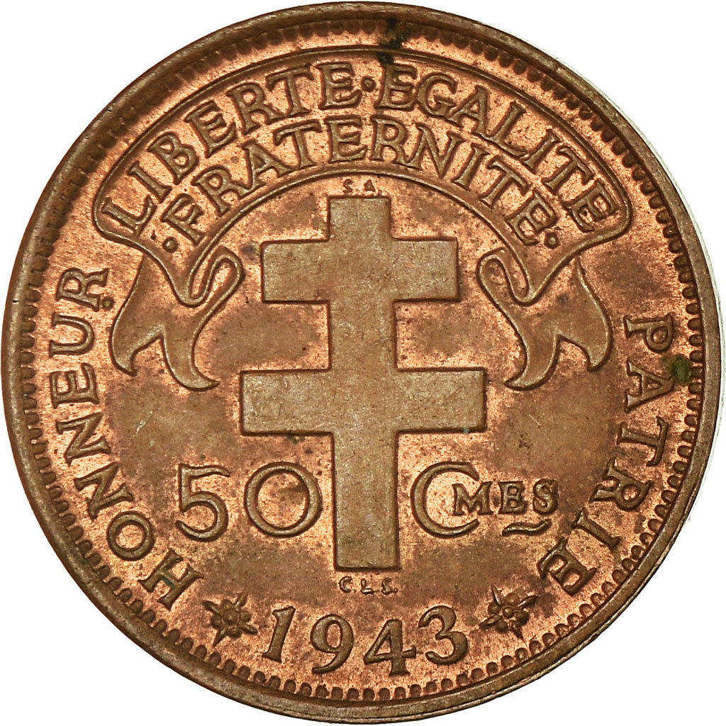 Coin, French Equatorial Africa, 50 Centimes, 1943, Pretoria, MS(60-62), Bronze