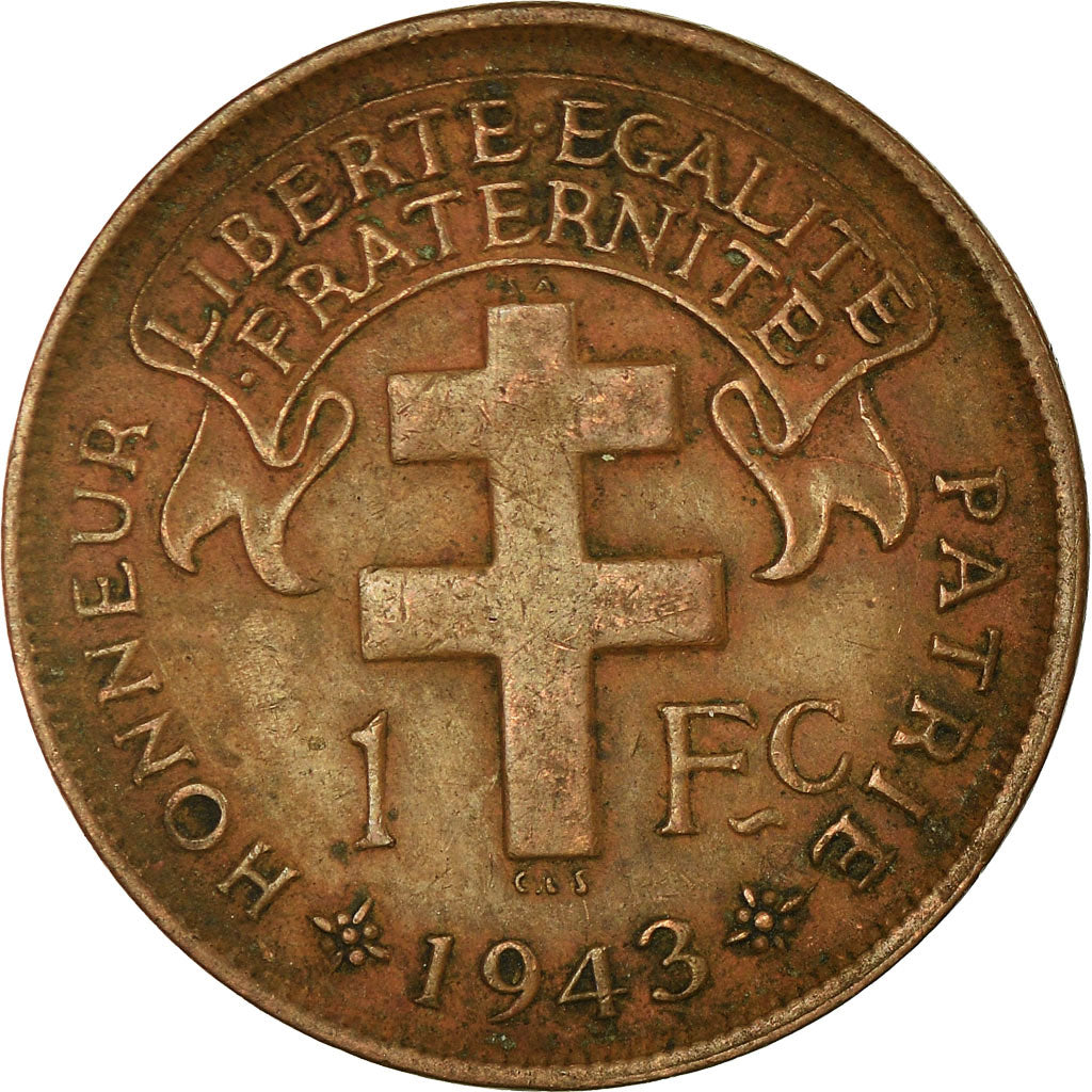 Moeda, África Equatorial Francesa, Franc, 1943, Pretoria, VF(30-35), Bronze