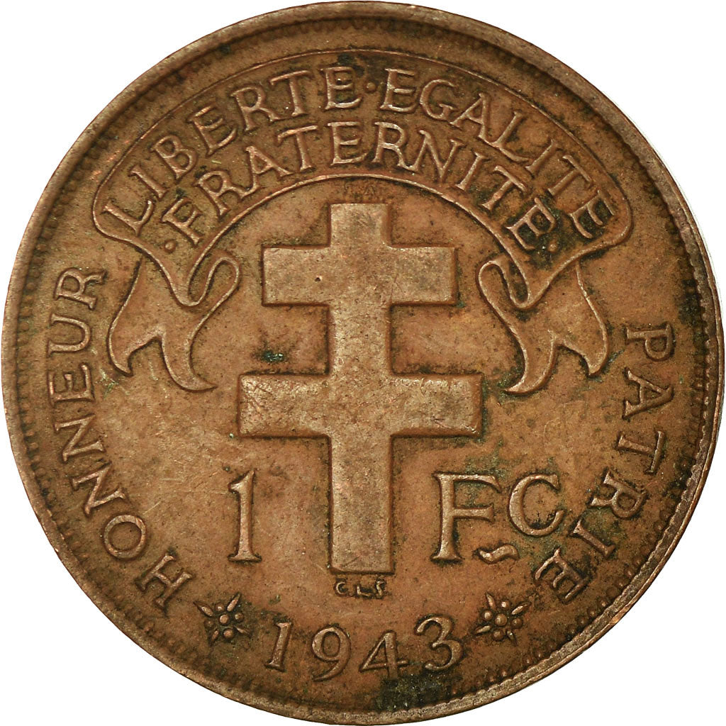 Coin, French Equatorial Africa, Franc, 1943, Pretoria, EF(40-45), Bronze, KM:2a