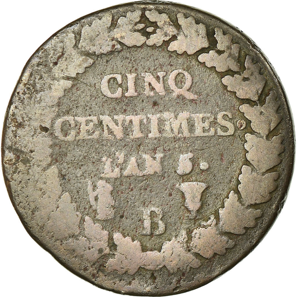 Moneta, Francia, Dupré, 5 Centimes, 1796, Rouen, B, Bronzo, KM:640.3