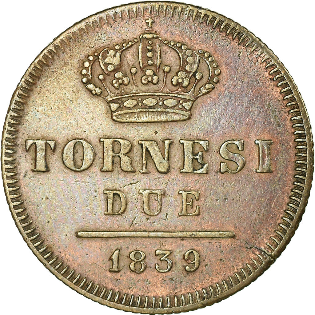 Coin, ITALIAN STATES, NAPLES, Ferdinando II, 2 Tornesi, 1839, EF(40-45), Copper