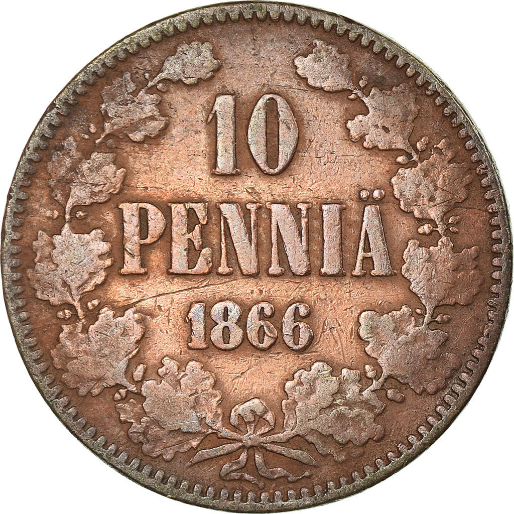 Moneta, Finlandia, Alexander II, 10 Pennia, 1866, VF(30-35), Miedź, KM:5.1