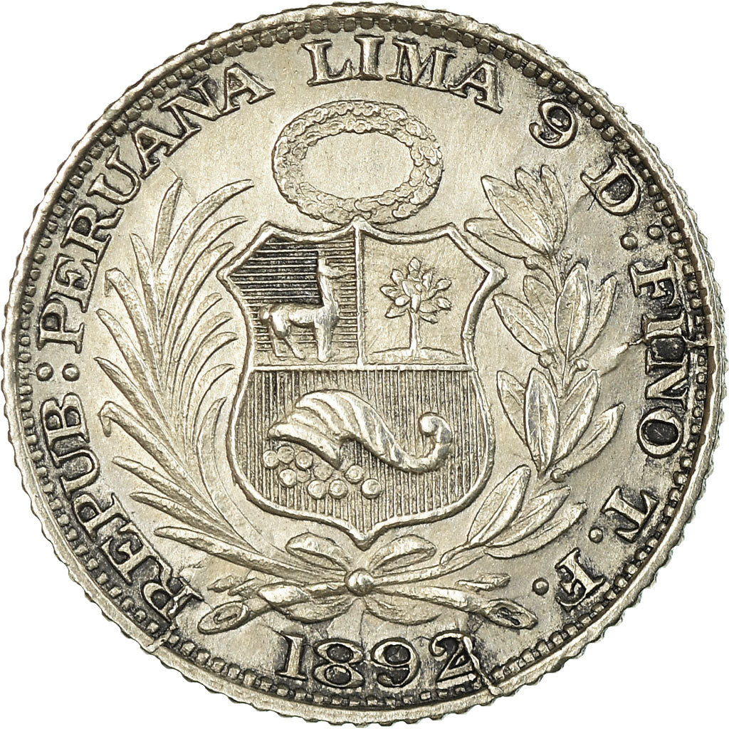 Moneda, Perú, SOUTH PERU, 1/2 Dinero, 1892, Lima, EBC+, Plata, KM:206.1