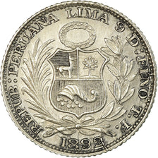 Moneda, Perú, SOUTH PERU, 1/2 Dinero, 1892, Lima, EBC+, Plata, KM:206.1