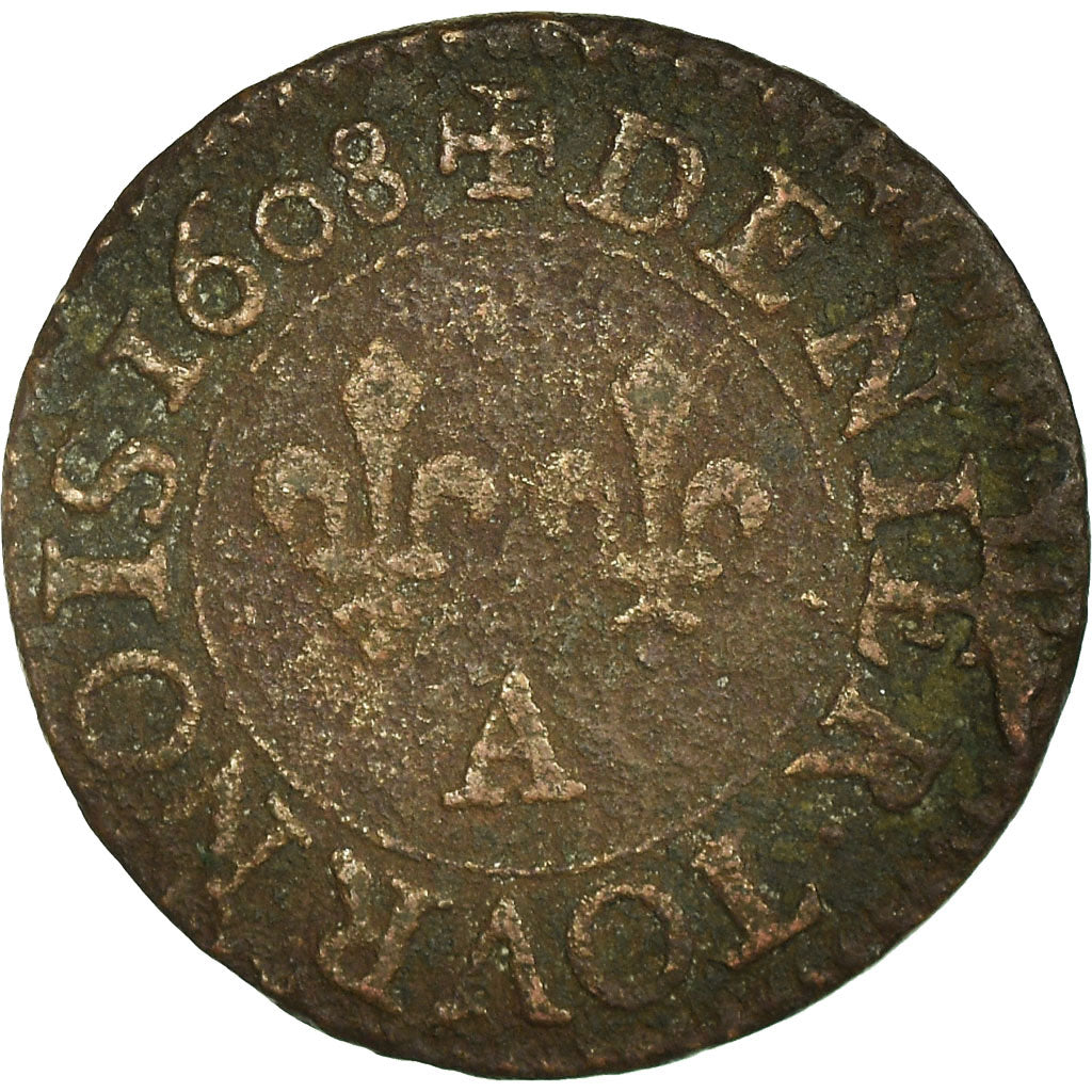 Coin, France, Henri IV, Denier Tournois, 1608, Paris, VF(30-35), Copper, KM:15