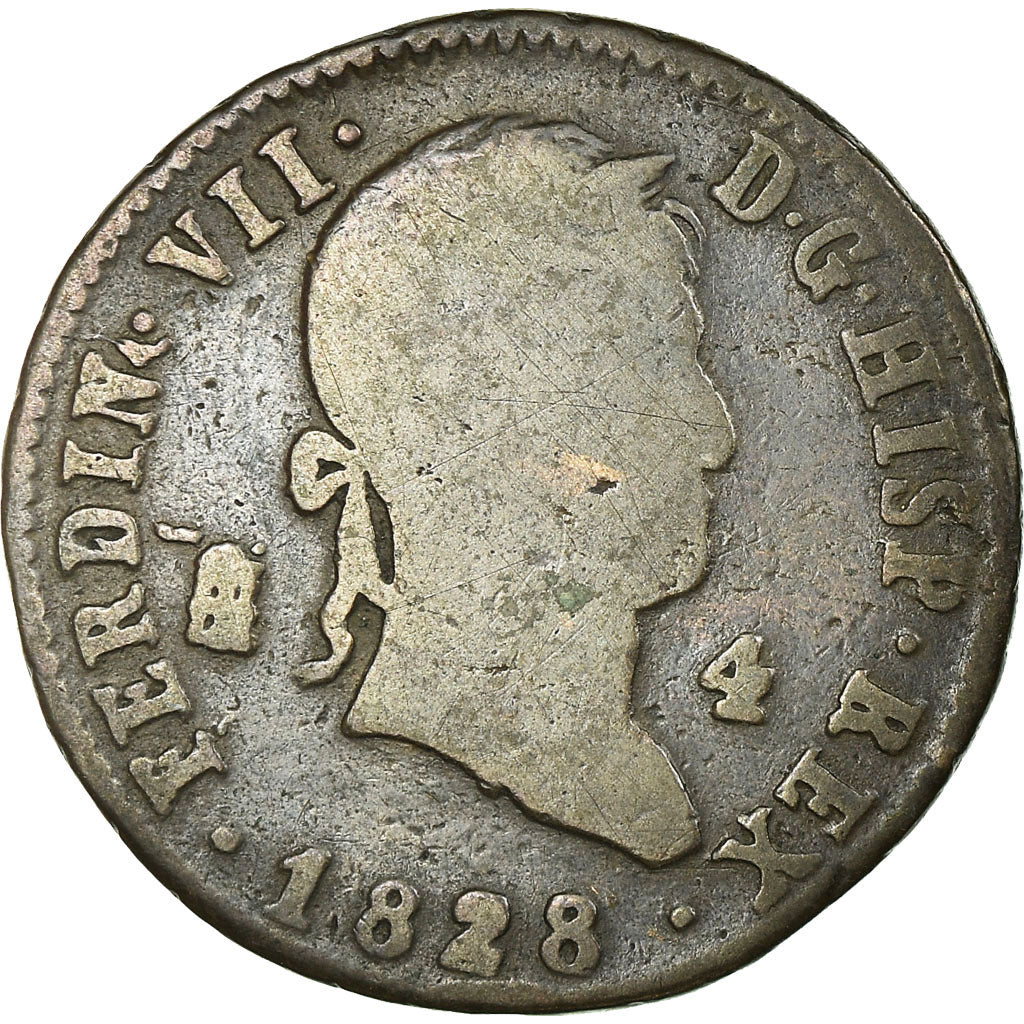 Moneda, España, Ferdinand VII, 4 maravedis, 1828, Segovia, BC+, Cobre, KM:489.2