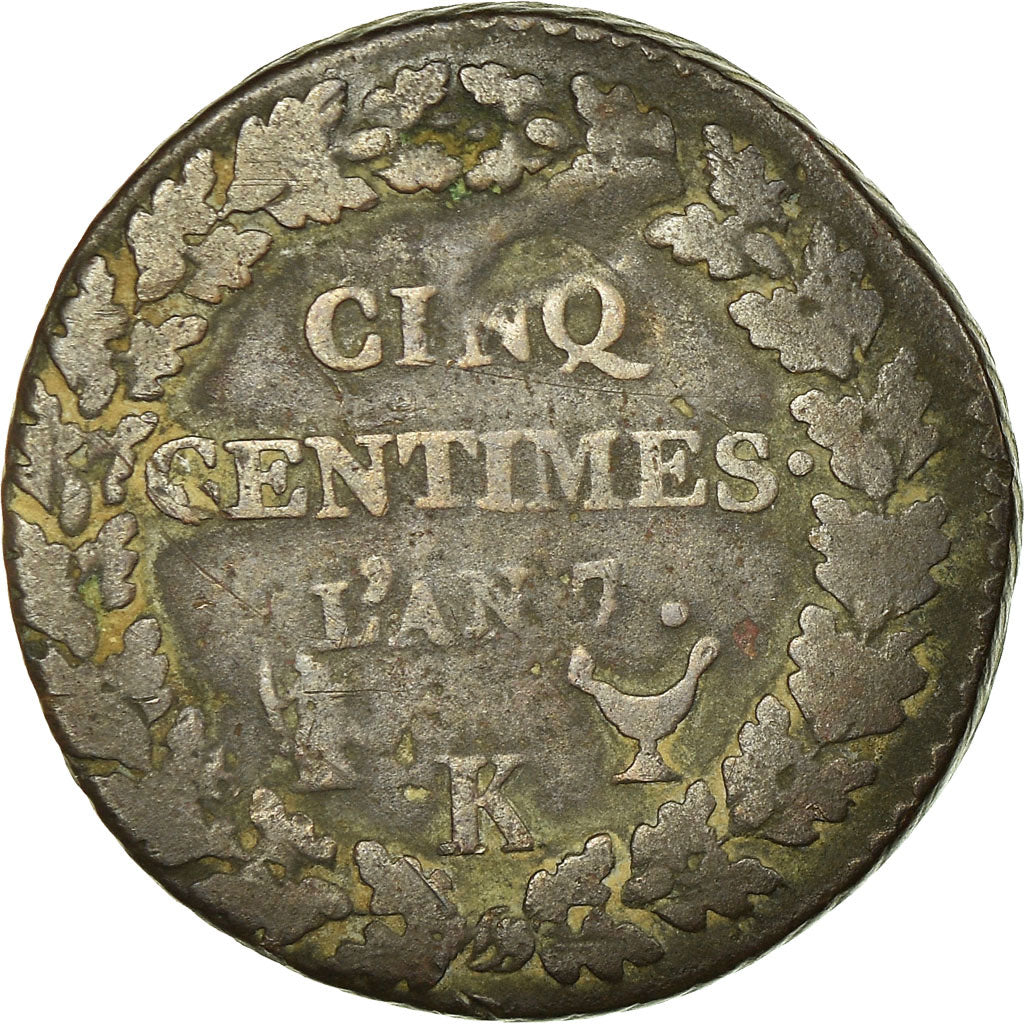 Moneta, Francia, Dupré, 5 Centimes, AN 7, Bordeaux, MB, Bronzo, KM:640.8