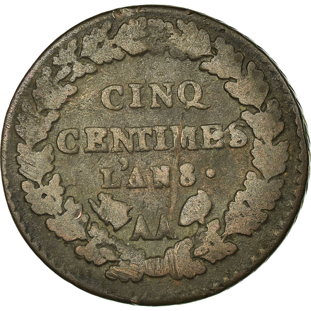 Coin, France, Dupré, 5 Centimes, AN 8, Metz, Without point, tilted Artémis