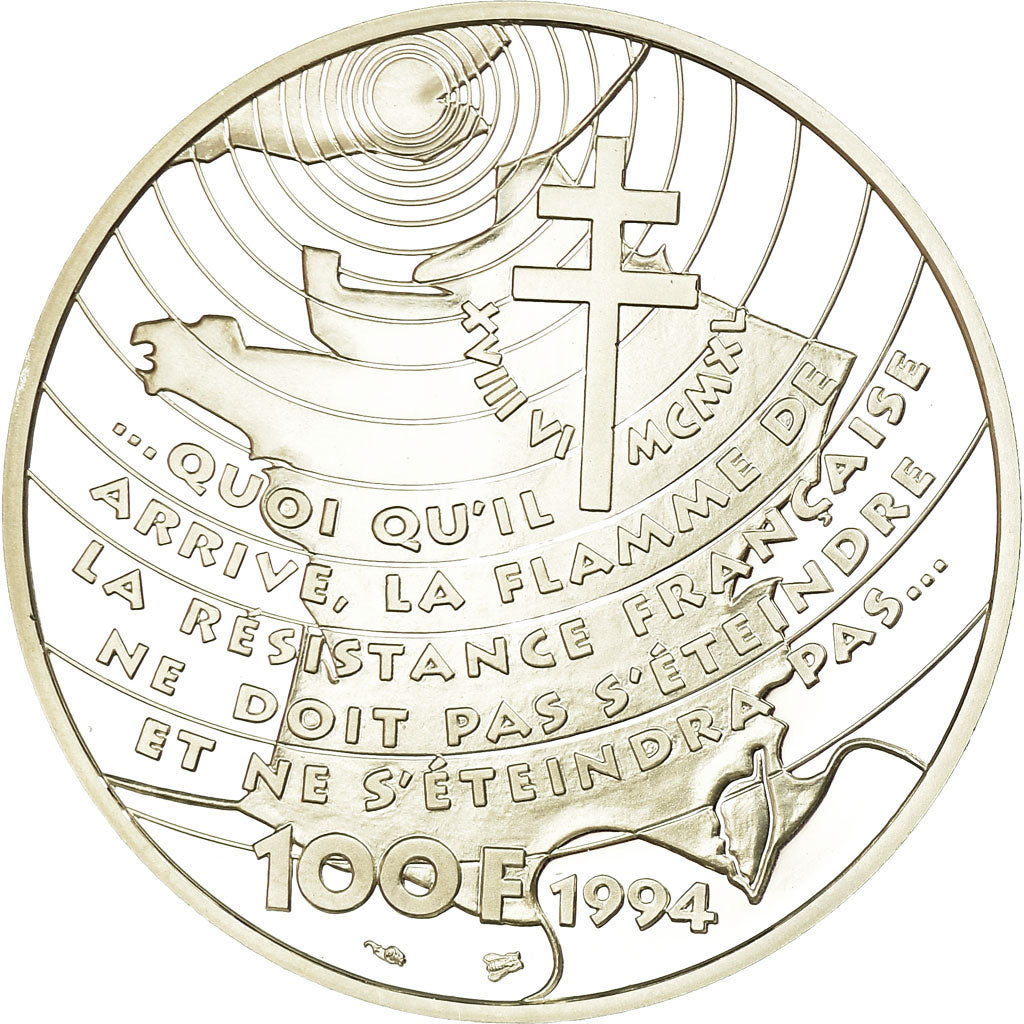 Munten, Frankrijk, Appel du 18 juin 1940, 100 Francs, 1994, BE, FDC, Zilver
