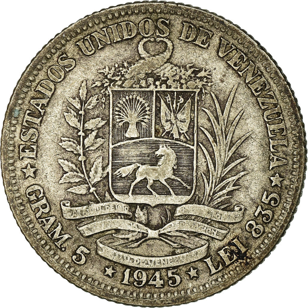 Moeda, Venezuela, Gram 5, Bolivar, 1945, Philadelphia, EF(40-45), Prata, KM:22a