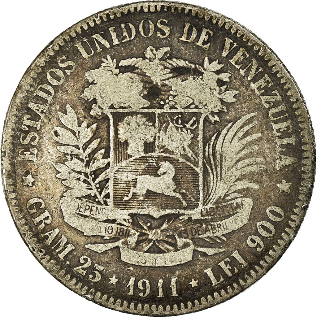 Moneda, Venezuela, Gram 25, 5 Bolivares, 1911, BC+, Plata, KM:24.2
