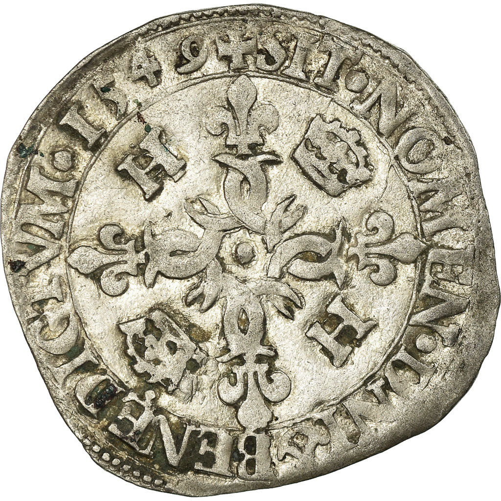 Moneda, Francia, Henri II, Douzain aux croissants, 1549, Rouen, MBC, Vellón