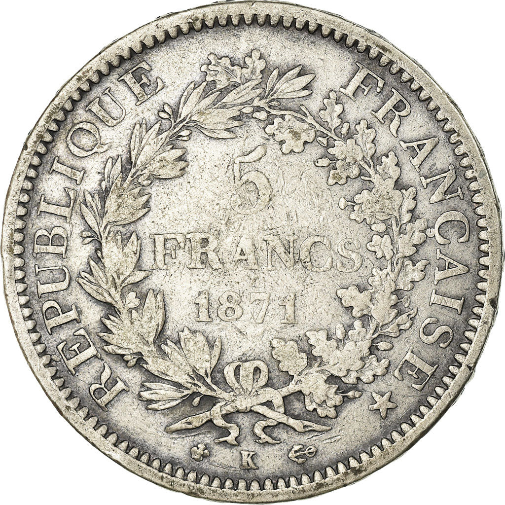 Moneda, Francia, Hercule, 5 Francs, 1871, Bordeaux, BC+, Plata, KM:820.2