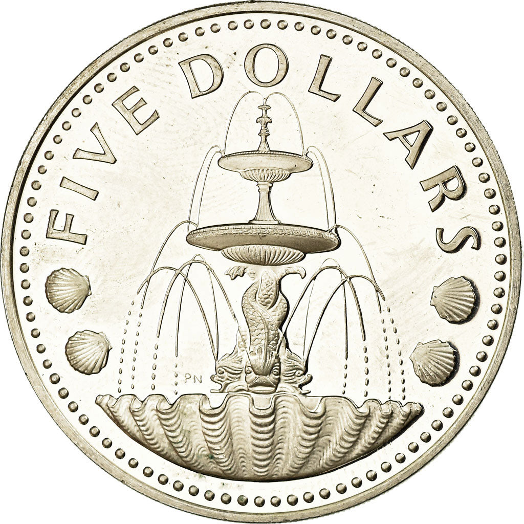 Coin, Barbados, 5 Dollars, 1977, Franklin Mint, Proof, MS(63), Silver, KM:16a