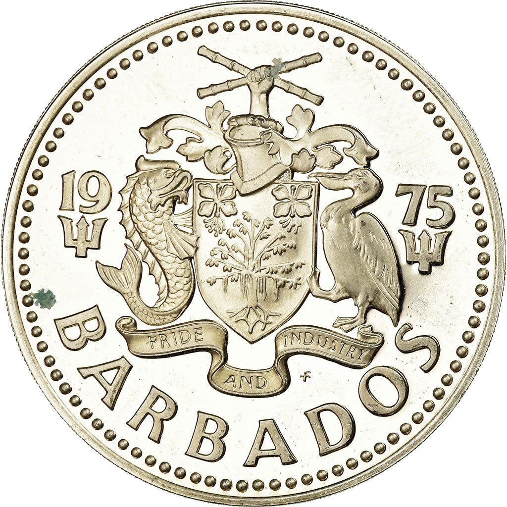 Coin, Barbados, 5 Dollars, 1975, Franklin Mint, MS(63), Silver, KM:16a