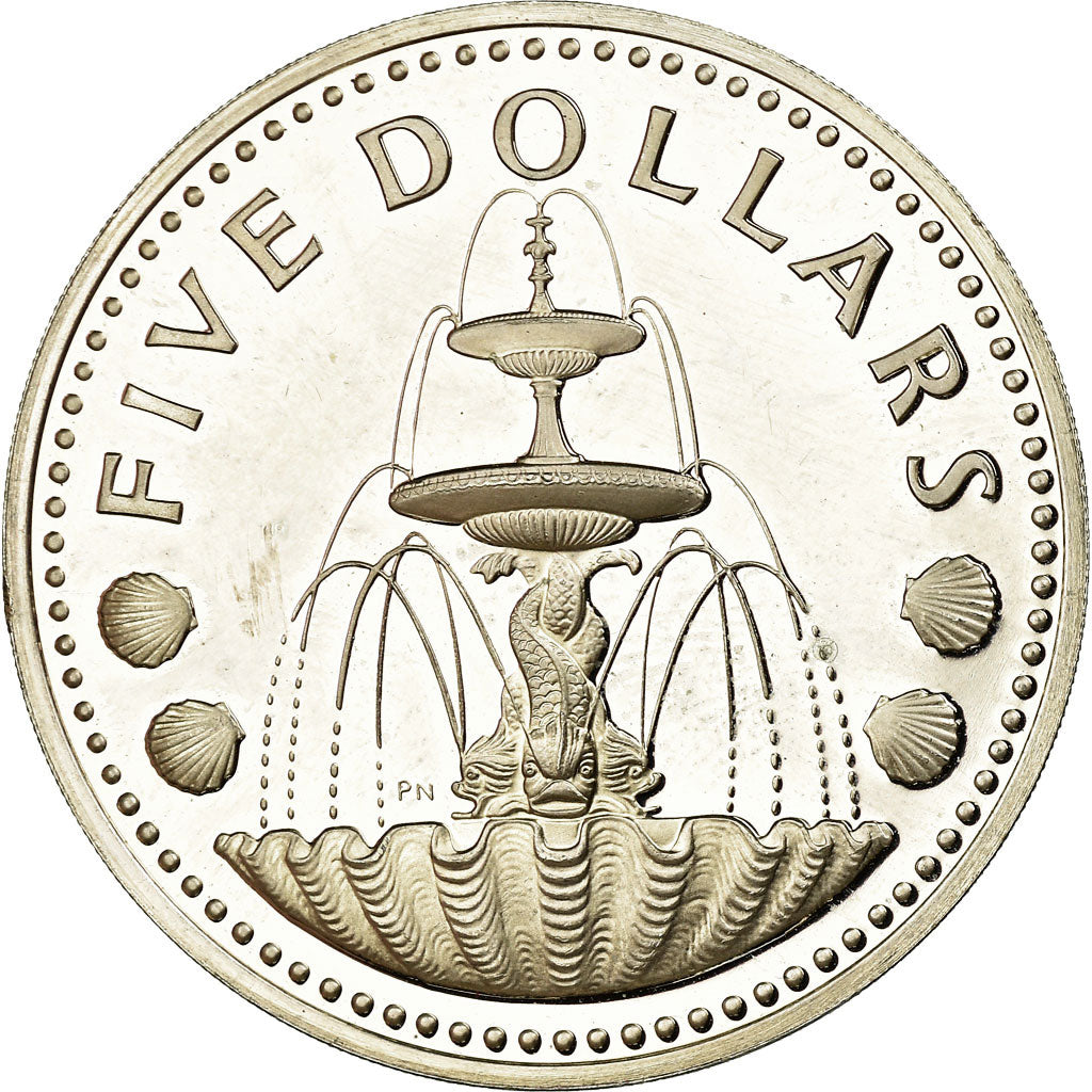 Coin, Barbados, 5 Dollars, 1975, Franklin Mint, MS(63), Silver, KM:16a