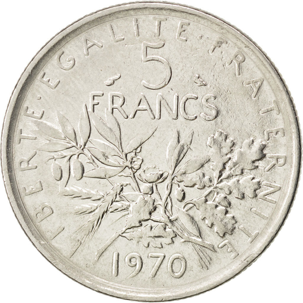 FRANCE, Semeuse, 5 Francs, 1970, Paris, KM #926a.1, EF(40-45), Nickel Clad...