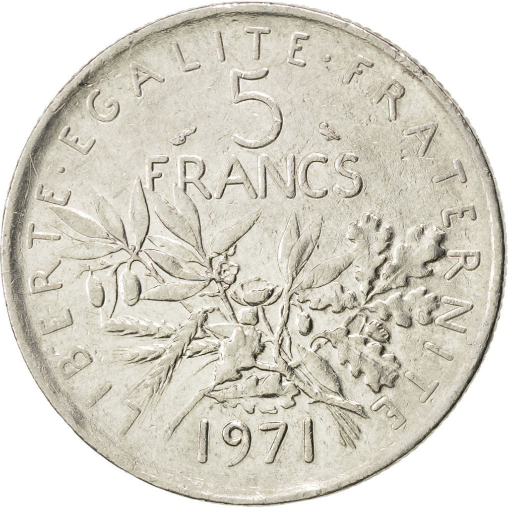 Francia, Semeuse, 5 Francs, 1971, BB, Nichel placcato rame-nichel, KM:926a.1,...
