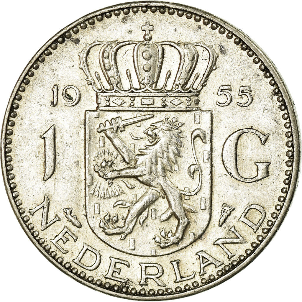 Coin, Netherlands, Juliana, Gulden, 1955, AU(50-53), Silver, KM:184