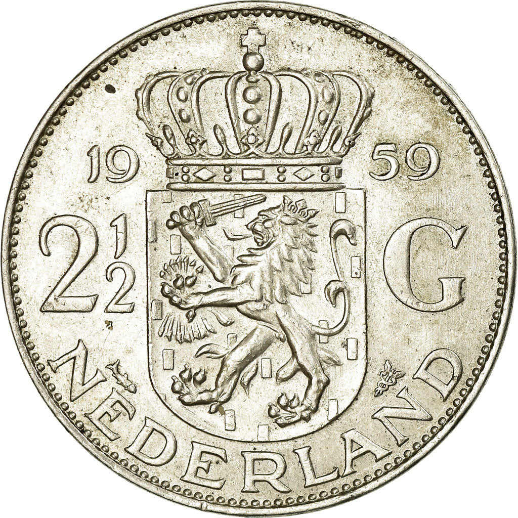 Münze, Niederlande, Juliana, 2-1/2 Gulden, 1959, VZ, Silber, KM:185