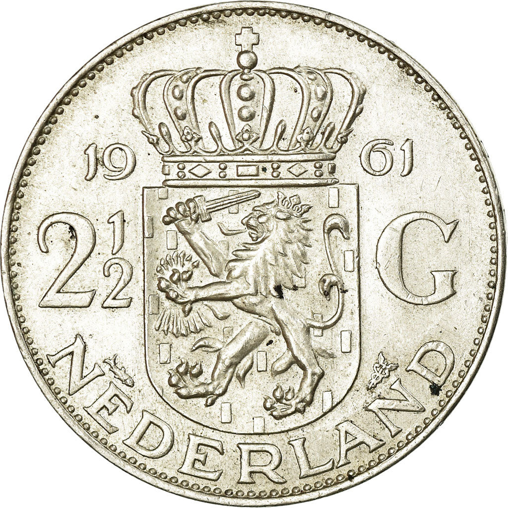 Coin, Netherlands, Juliana, 2-1/2 Gulden, 1961, AU(50-53), Silver, KM:185