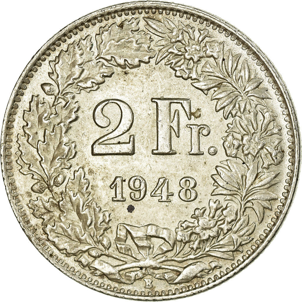 Coin, Switzerland, 2 Francs, 1948, Bern, MS(60-62), Silver, KM:21