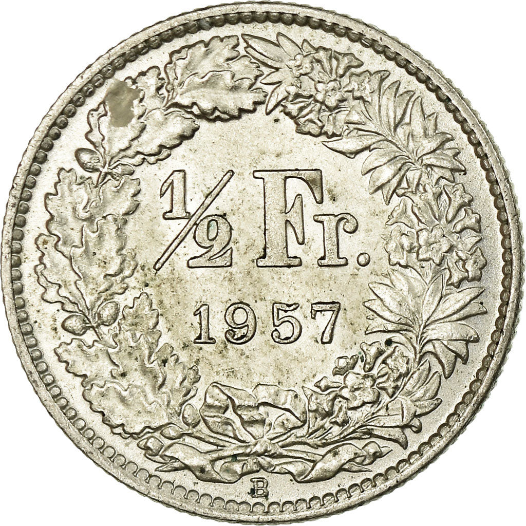 Coin, Switzerland, 1/2 Franc, 1957, Bern, MS(60-62), Silver, KM:23