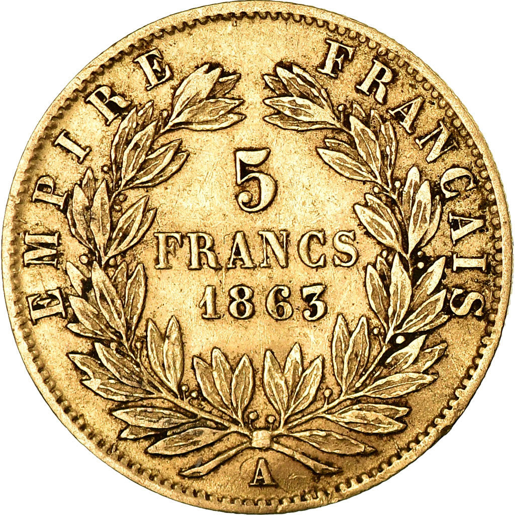 Moneda, Francia, Napoleon III, Napoléon III, 5 Francs, 1863, Paris, MBC, Oro