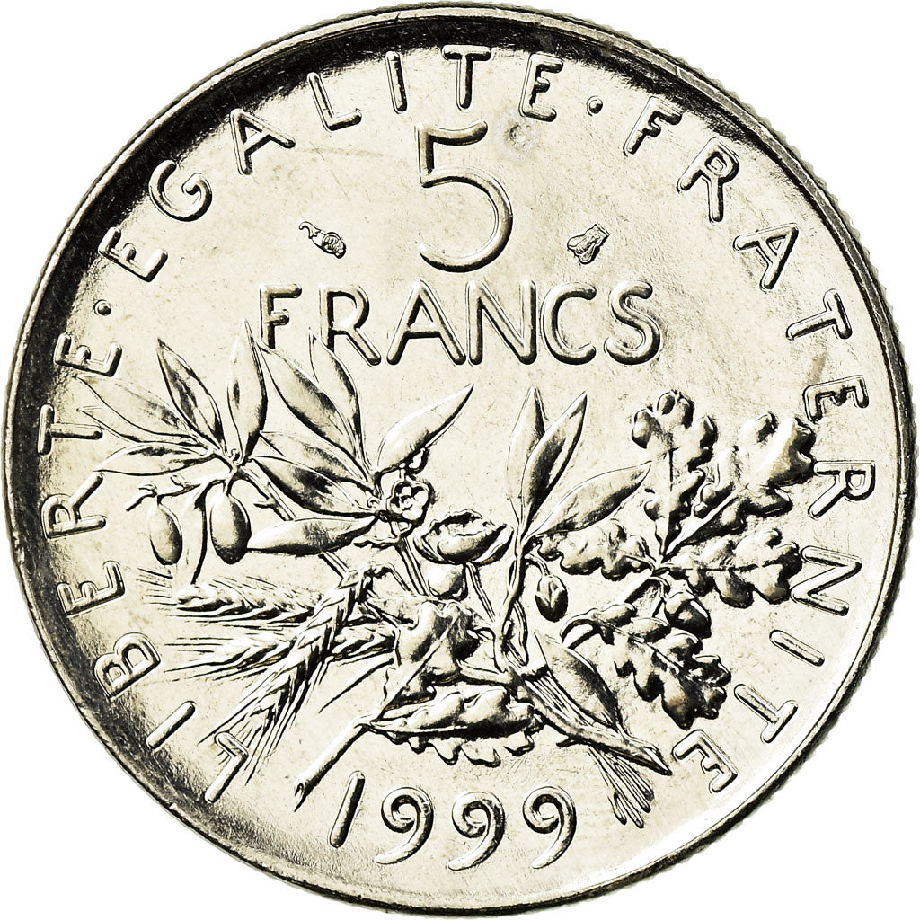 Moeda, França, Semeuse, 5 Francs, 1999, Paris, MS(64), Cobre-Níquel Revestido