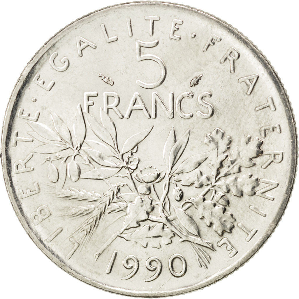 FRANCE, Semeuse, 5 Francs, 1990, Paris, KM #926a.1, MS(64), Nickel Clad...