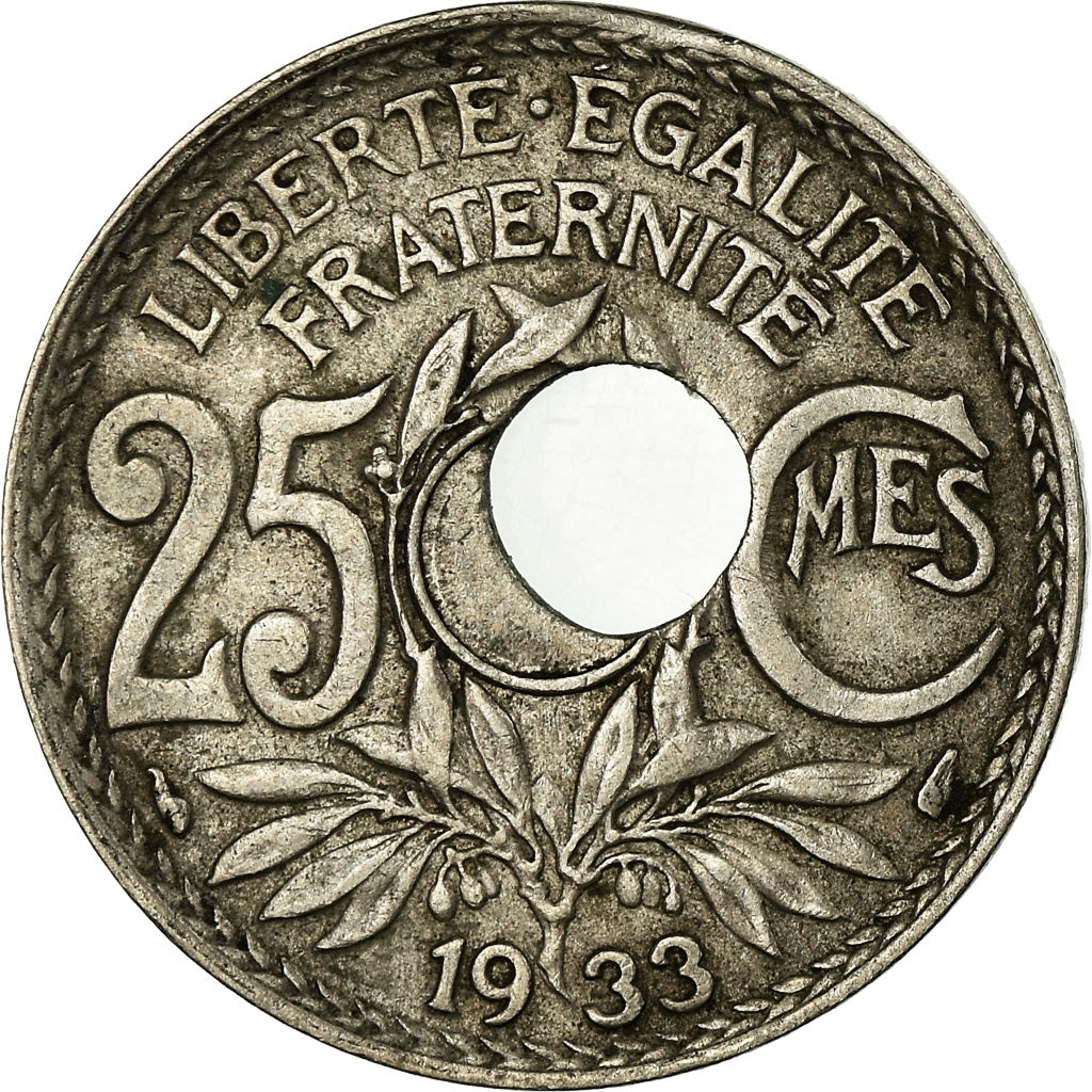 Moneta, Francja, Lindauer, 25 Centimes, 1933, off centered hole and clipped