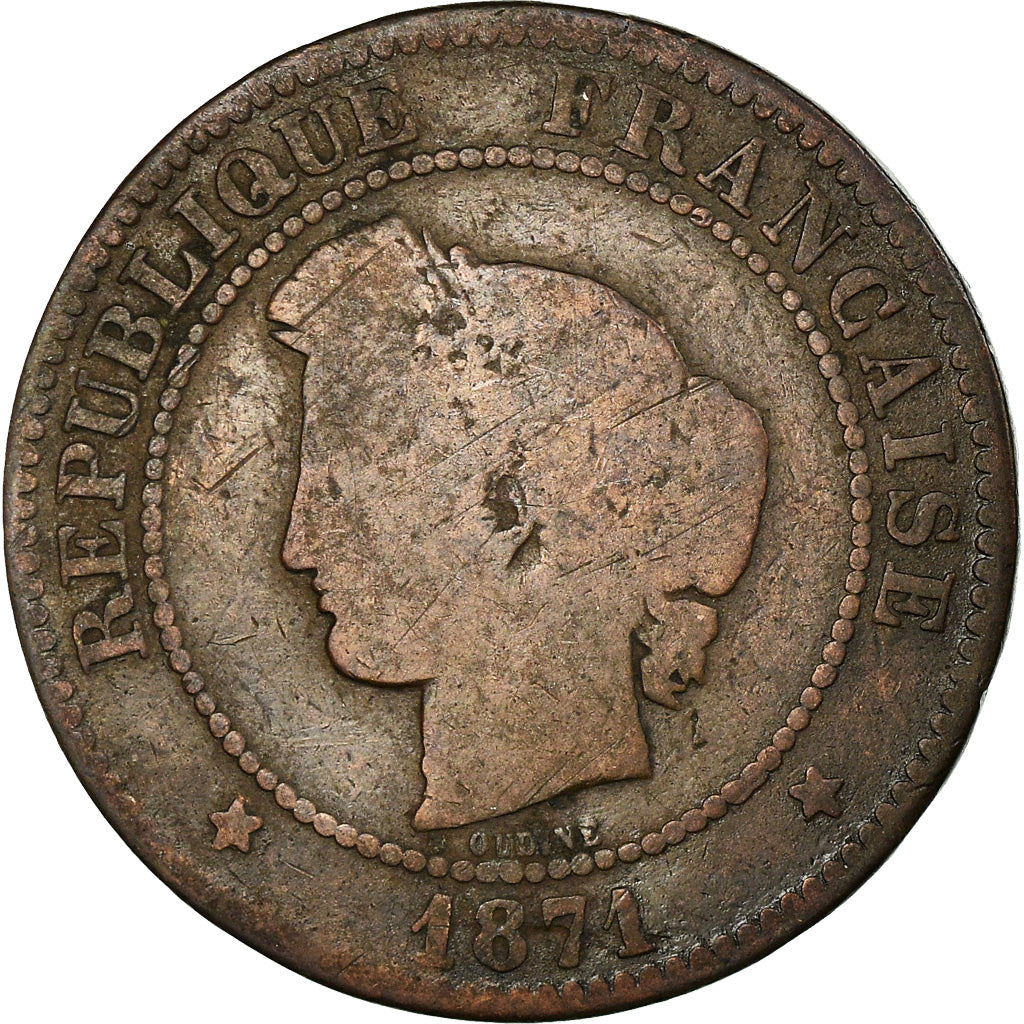 Coin, France, Cérès, 5 Centimes, 1871, Paris, VF(20-25), Bronze, KM:821.1