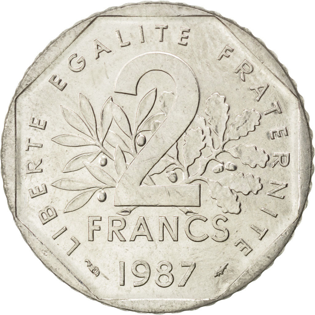 FRANCE, Semeuse, 2 Francs, 1987, KM #942.1, MS(60-62), Nickel, 26.5, Gadoury...