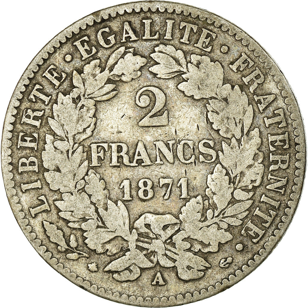 Moneta, Francia, Cérès, 2 Francs, 1871, Paris, MB+, Argento, KM:817.1