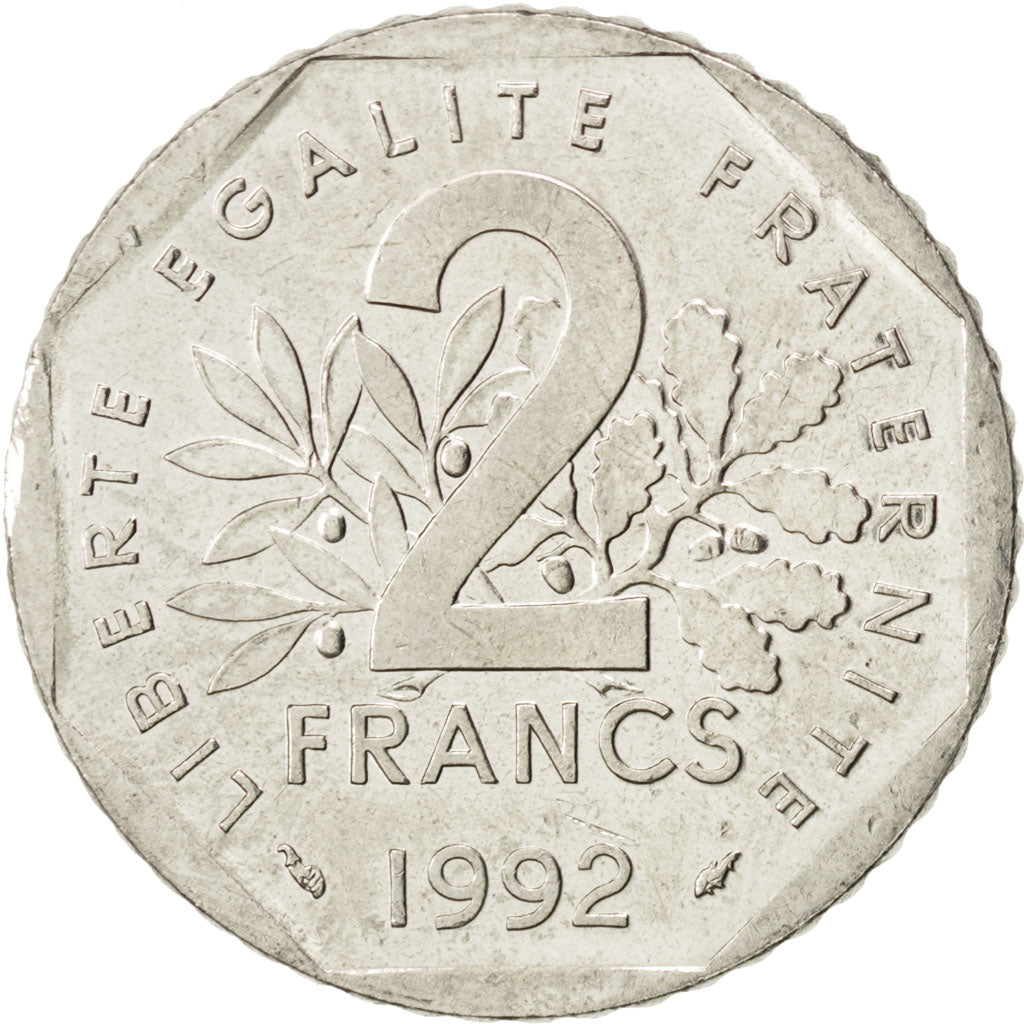 FRANCE, Semeuse, 2 Francs, 1992, KM #942.1, AU(55-58), Nickel, 26.5, Gadoury...