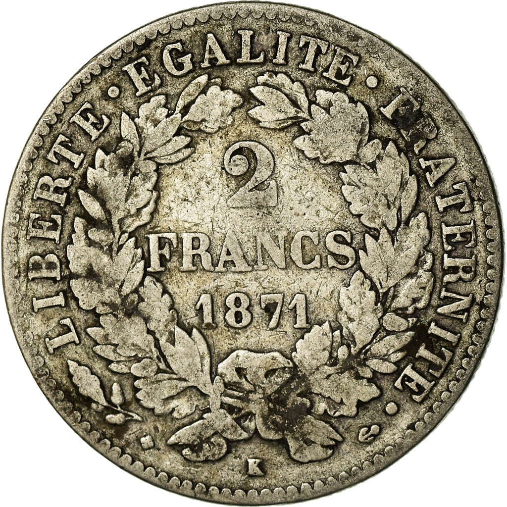 Moneta, Francia, Cérès, 2 Francs, 1871, Bordeaux, MB+, Argento, KM:817.2