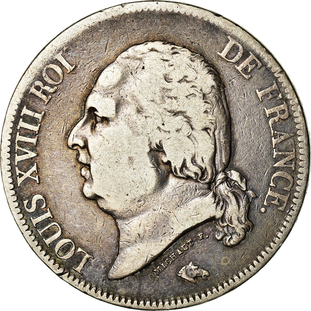 Moneda, Francia, Louis XVIII, Louis XVIII, 5 Francs, 1817, Rouen, BC+, Plata