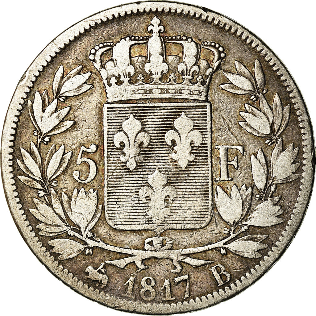 Moneda, Francia, Louis XVIII, Louis XVIII, 5 Francs, 1817, Rouen, BC+, Plata