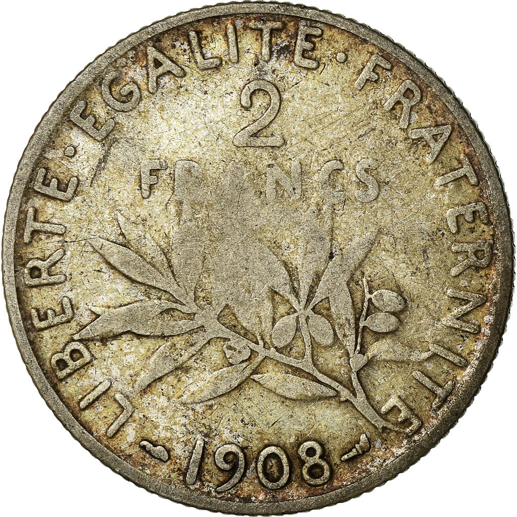 Coin, France, Semeuse, 2 Francs, 1908, Paris, VF(20-25), Silver, KM:845.1
