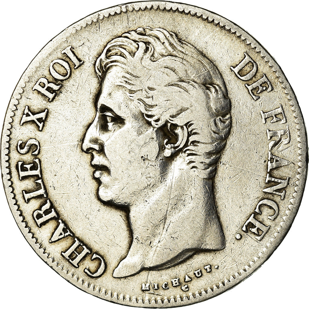 Moeda, França, Charles X, 5 Francs, 1827, Limoges, VF(30-35), Prata, KM:728.6