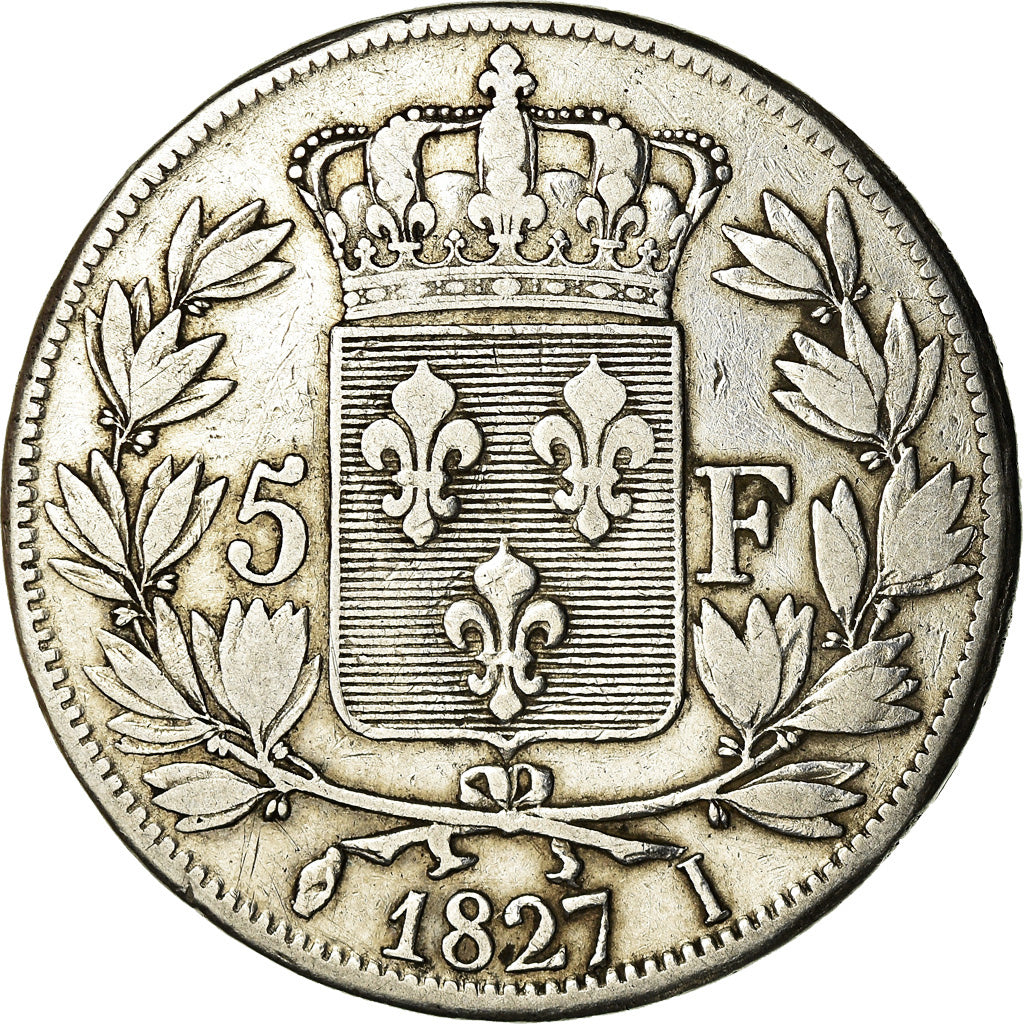 Moeda, França, Charles X, 5 Francs, 1827, Limoges, VF(30-35), Prata, KM:728.6